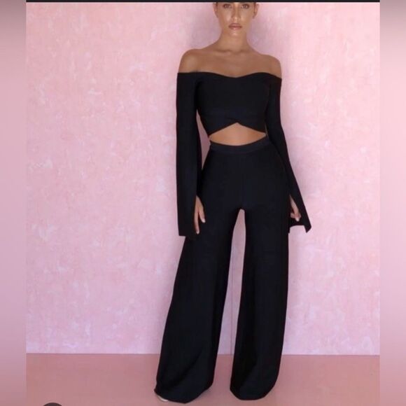 HOUSE OF CB Crop Top Off Shoulder Bandage Flare Slit Sleeves Black Size XS - Picture 9 of 10